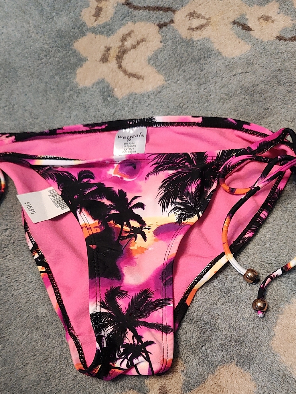 Wet Seal Pink Tropical Palm Tie-Side Bikini Bottoms